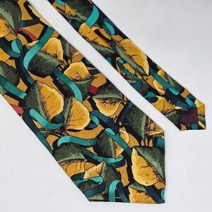 POWER LINE ELECTRIC NECKWEAR SILK TIE GREEN GOLD VIBRANT LEAVES SATIN 4" X 57"